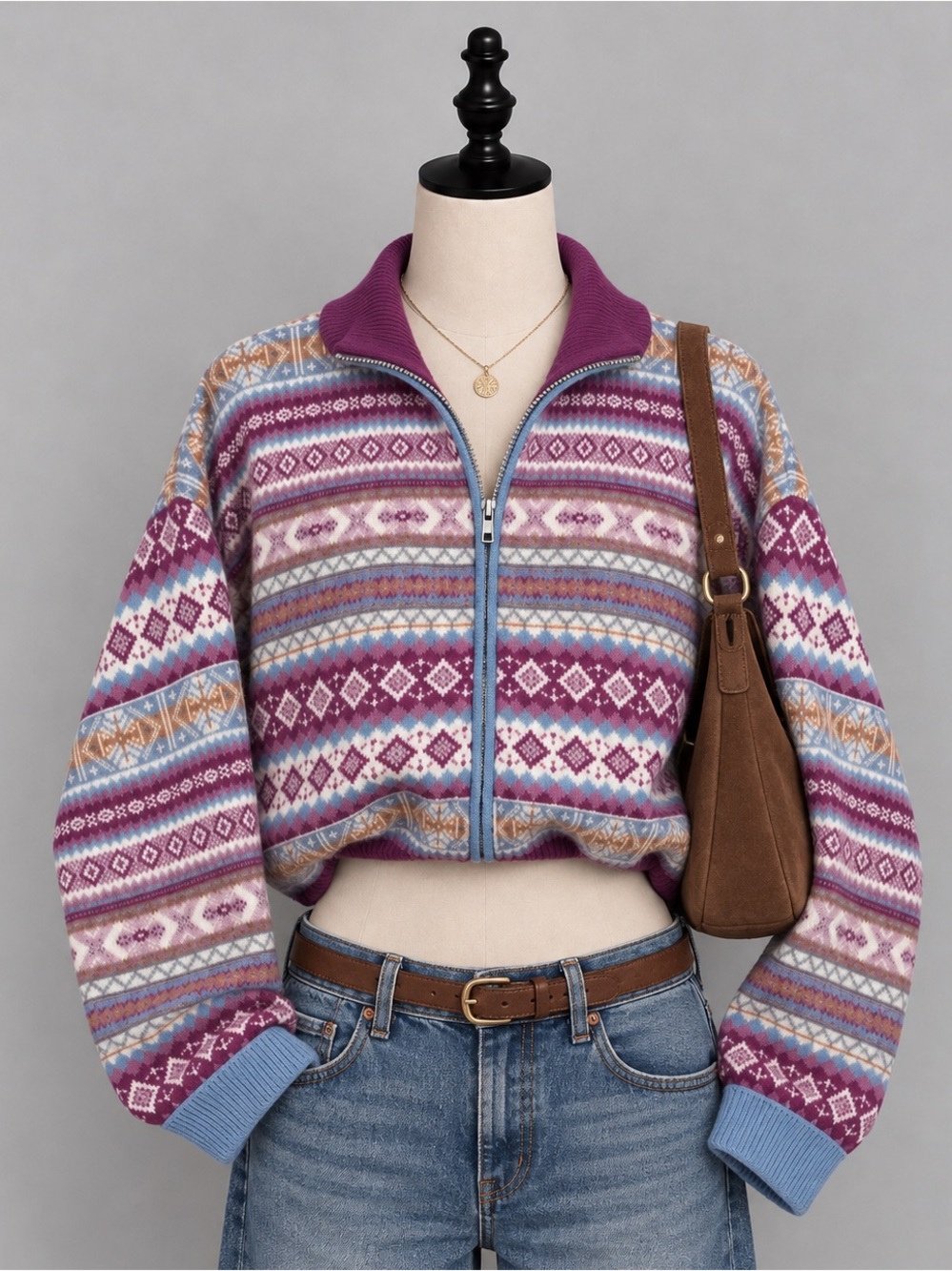Vintage 90s Lizsport Fair Isle Knit Full Zip Sweater Jacket Cotton Purple S
